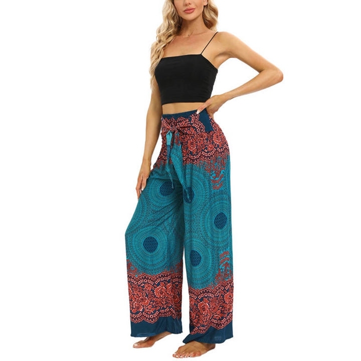 Buddha Stones Bohemian Kompass Blumenprint Schnürung Weitbein Hosen Damen Yoga Hosen - image 5