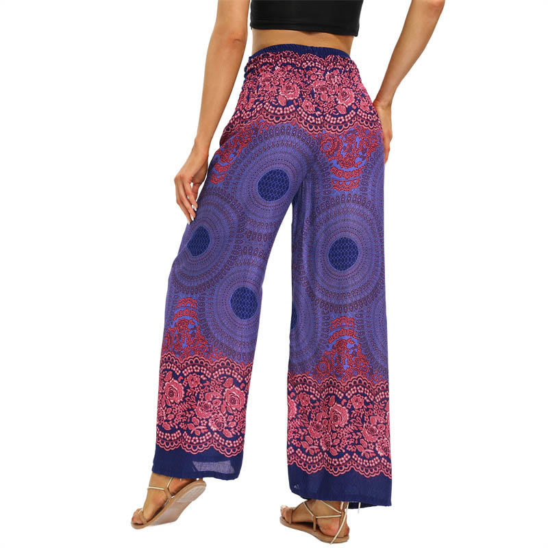 Buddha Stones Bohemian Kompass Blumenprint Schnürung Weitbein Hosen Damen Yoga Hosen