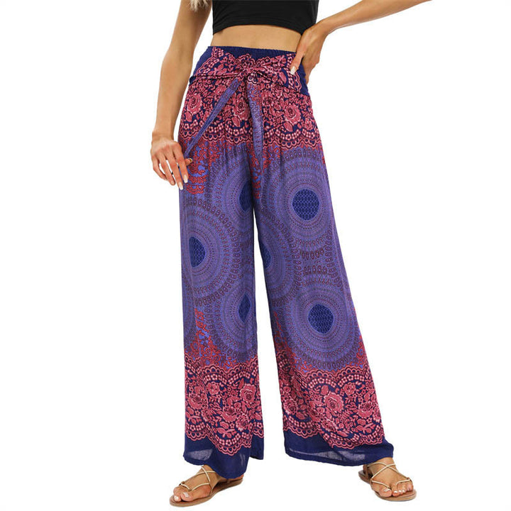 Buddha Stones Bohemian Kompass Blumenprint Schnürung Weitbein Hosen Damen Yoga Hosen