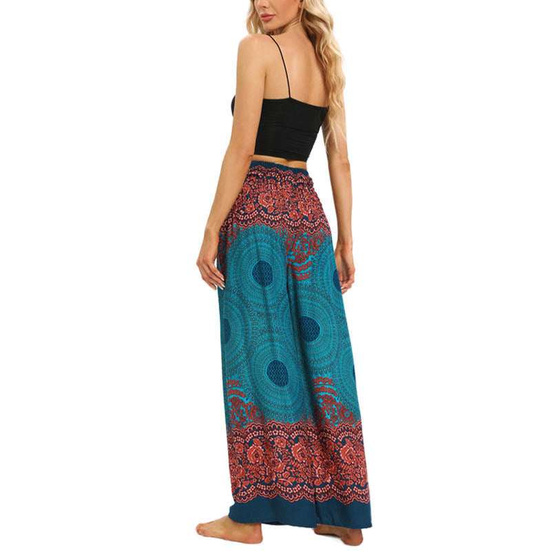 Buddha Stones Bohemian Kompass Blumenprint Schnürung Weitbein Hosen Damen Yoga Hosen