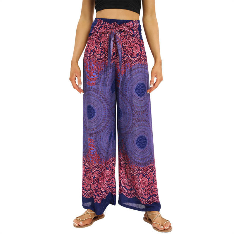 Buddha Stones Bohemian Kompass Blumenprint Schnürung Weitbein Hosen Damen Yoga Hosen