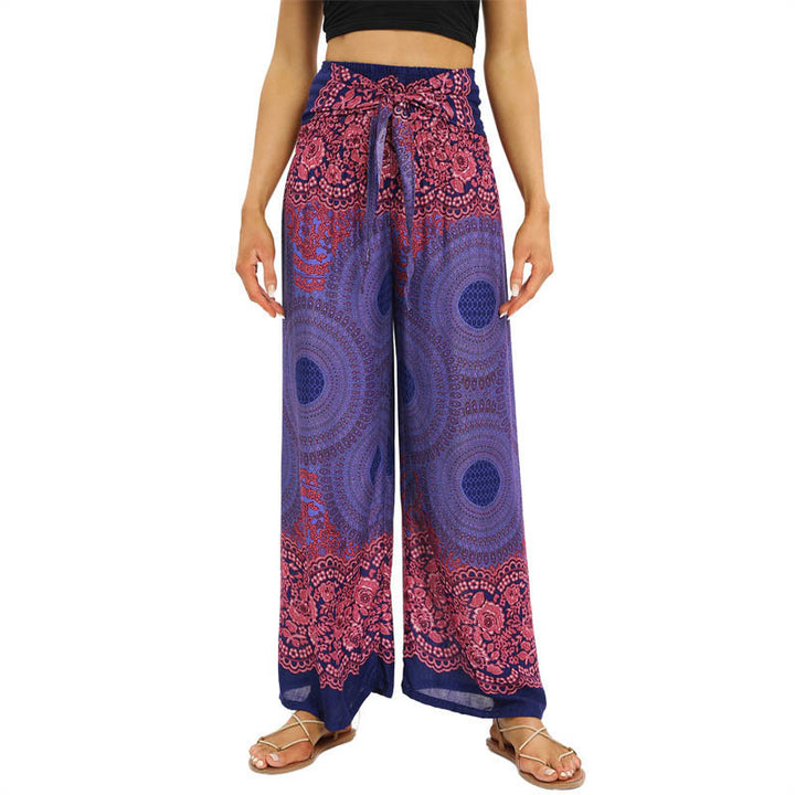 Buddha Stones Bohemian Kompass Blumenprint Schnürung Weitbein Hosen Damen Yoga Hosen