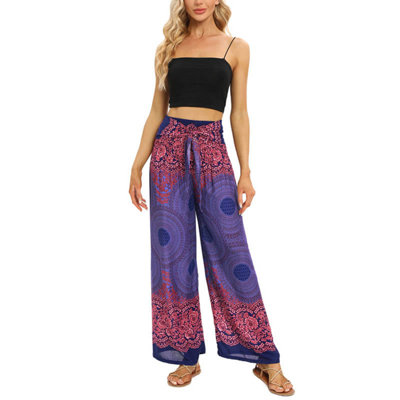 Buddha Stones Bohemian Kompass Blumenprint Schnürung Weitbein Hosen Damen Yoga Hosen