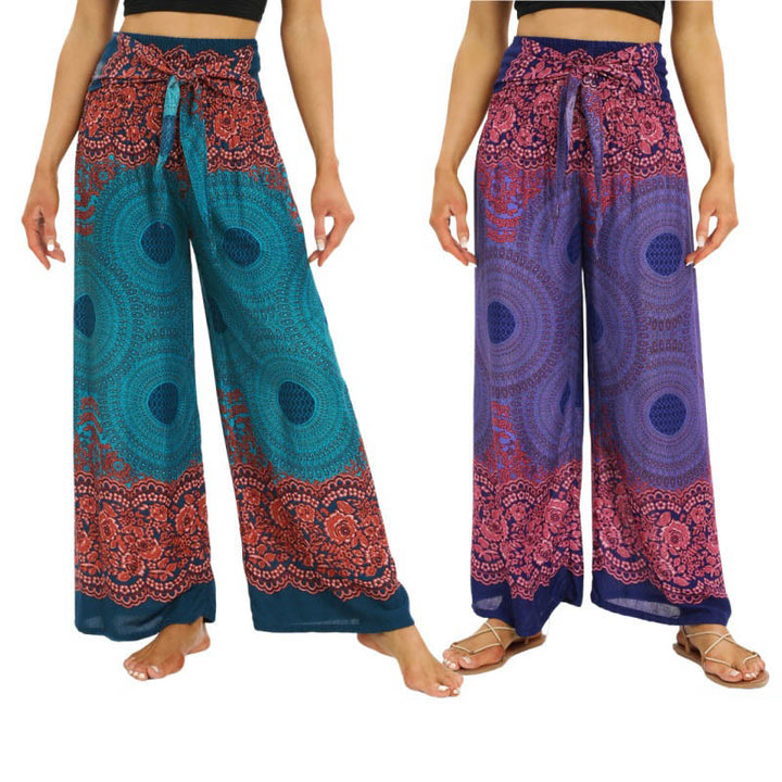 Buddha Stones Bohemian Kompass Blumenprint Schnürung Weitbein Hosen Damen Yoga Hosen