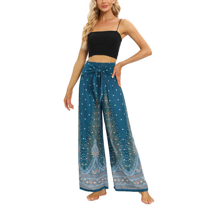 Buddha Stones Boho Pfauenfedern Spitzenbesatz Weite Bein Hose Damen Yoga Hose