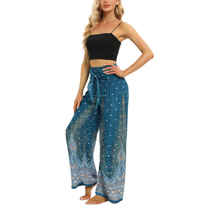 Buddha Stones Boho Pfauenfedern Spitzenbesatz Weite Bein Hose Damen Yoga Hose