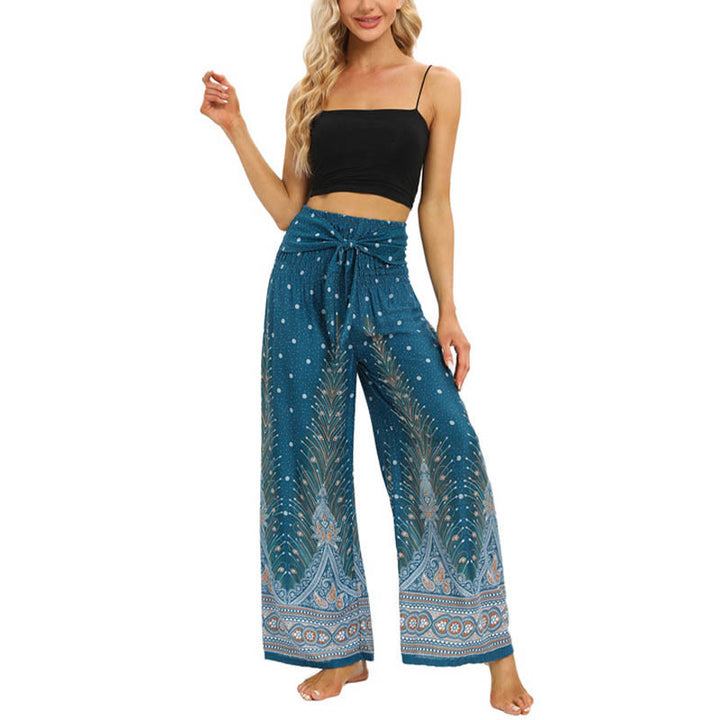Buddha Stones Boho Pfauenfedern Spitzenbesatz Weite Bein Hose Damen Yoga Hose - image 12