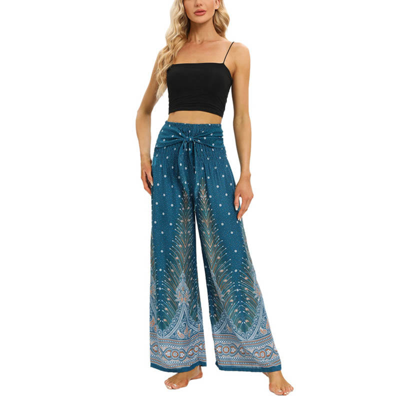 Buddha Stones Boho Pfauenfedern Spitzenbesatz Weite Bein Hose Damen Yoga Hose - image 15