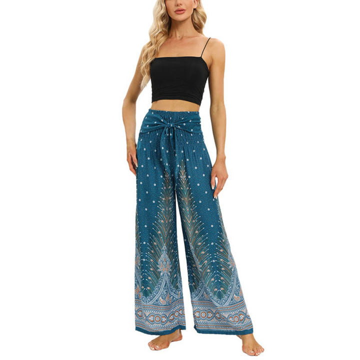 Buddha Stones Boho Pfauenfedern Spitzenbesatz Weite Bein Hose Damen Yoga Hose