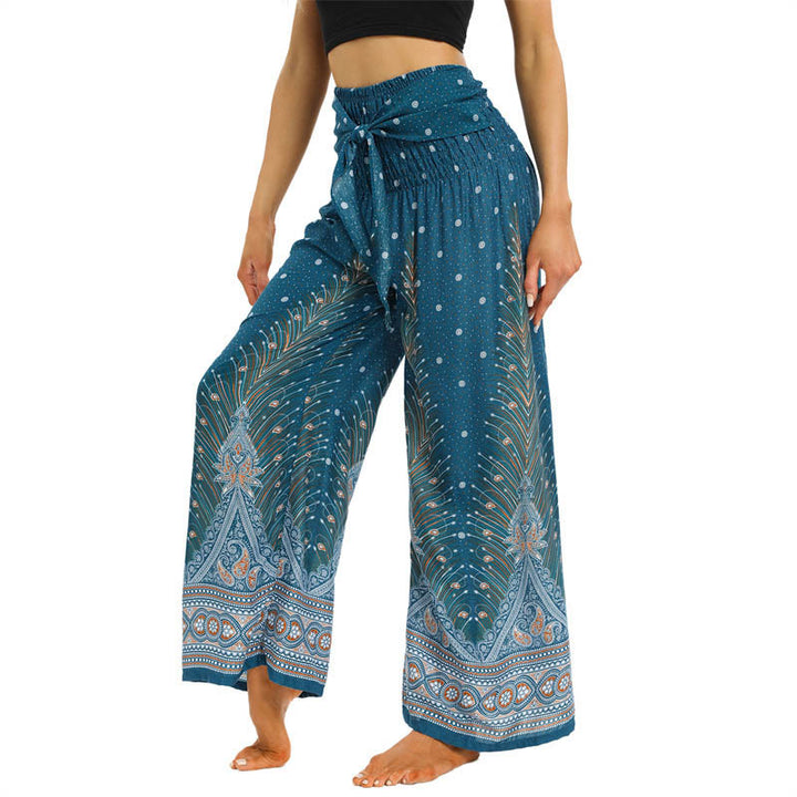 Buddha Stones Boho Pfauenfedern Spitzenbesatz Weite Bein Hose Damen Yoga Hose