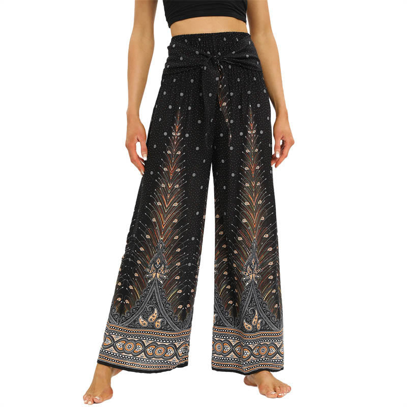 Buddha Stones Boho Pfauenfedern Spitzenbesatz Weite Bein Hose Damen Yoga Hose - Sienna - US2-12， UK/AU6-16，EU34-44 (F) - image 1