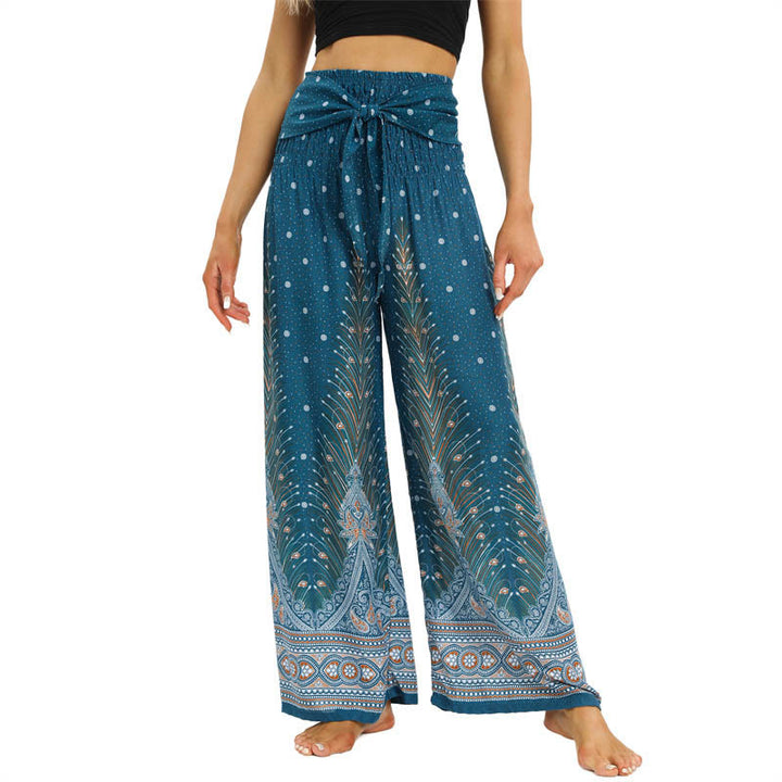 Buddha Stones Boho Pfauenfedern Spitzenbesatz Weite Bein Hose Damen Yoga Hose - Dunkeltürkis - US2-12, UK/AU6-16, EU34-44 (F) - image 9