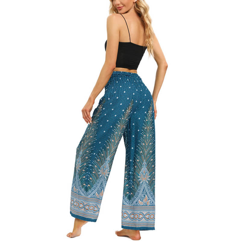 Buddha Stones Boho Pfauenfedern Spitzenbesatz Weite Bein Hose Damen Yoga Hose