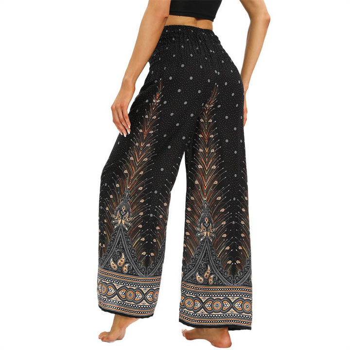 Buddha Stones Boho Pfauenfedern Spitzenbesatz Weite Bein Hose Damen Yoga Hose