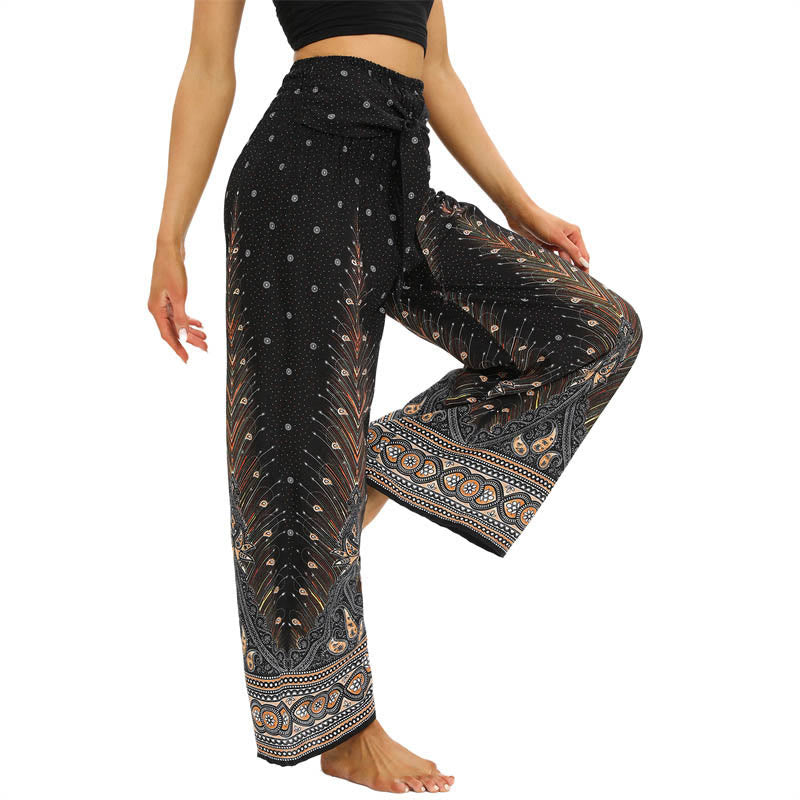 Buddha Stones Boho Pfauenfedern Spitzenbesatz Weite Bein Hose Damen Yoga Hose