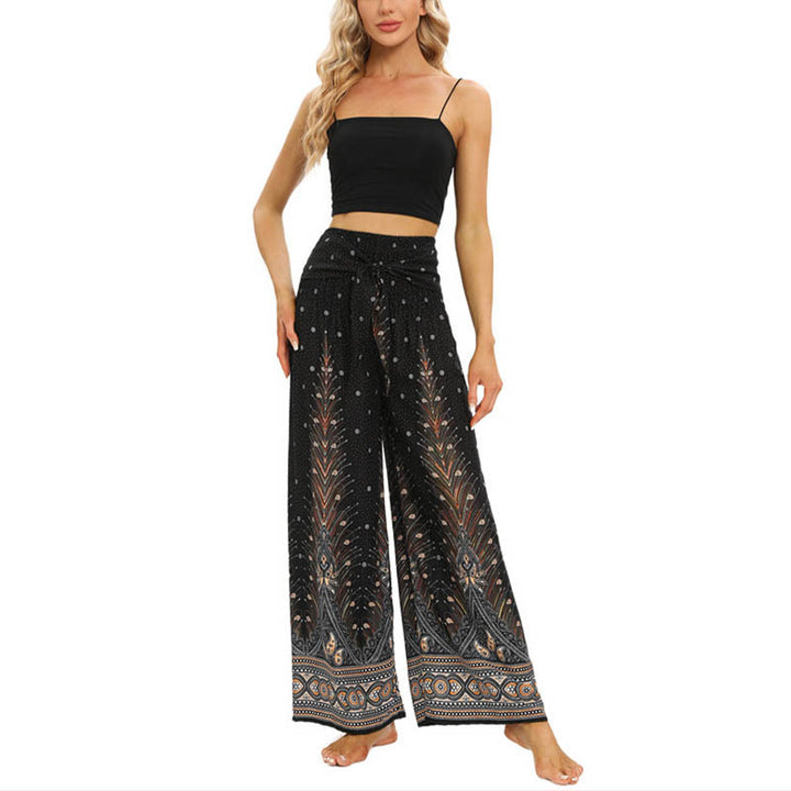 Buddha Stones Boho Pfauenfedern Spitzenbesatz Weite Bein Hose Damen Yoga Hose