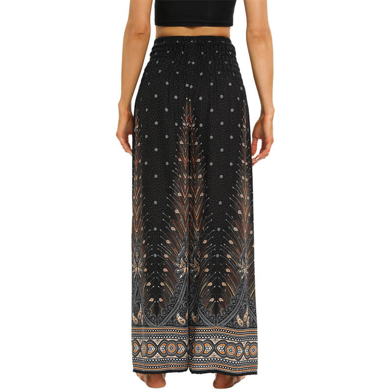 Buddha Stones Boho Pfauenfedern Spitzenbesatz Weite Bein Hose Damen Yoga Hose - image 3