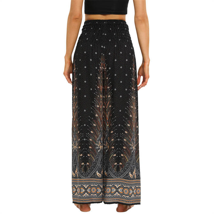 Buddha Stones Boho Pfauenfedern Spitzenbesatz Weite Bein Hose Damen Yoga Hose - image 3