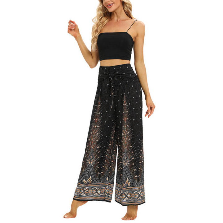 Buddha Stones Boho Pfauenfedern Spitzenbesatz Weite Bein Hose Damen Yoga Hose