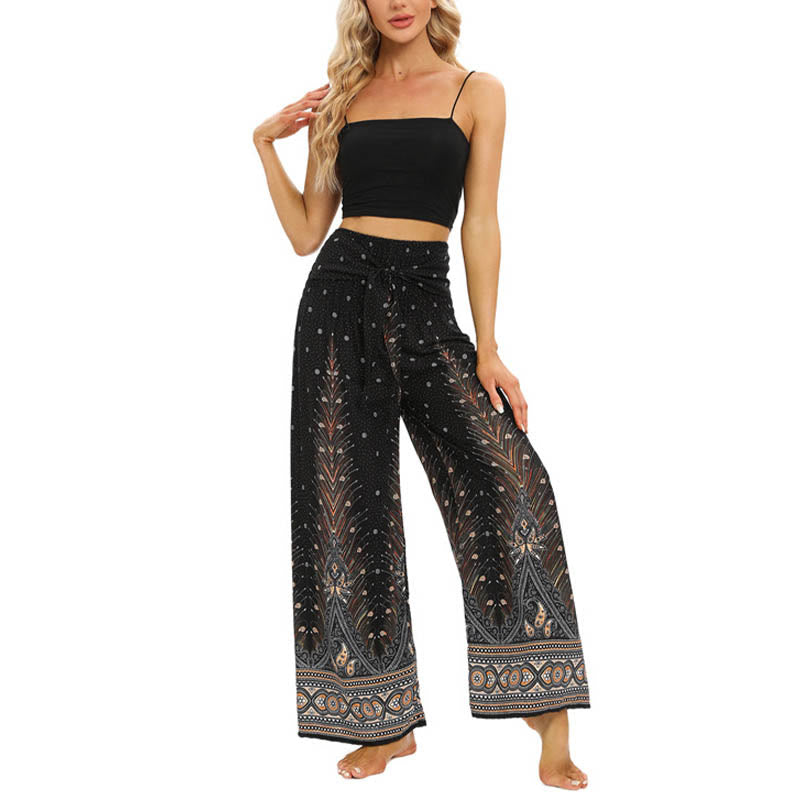 Buddha Stones Boho Pfauenfedern Spitzenbesatz Weite Bein Hose Damen Yoga Hose