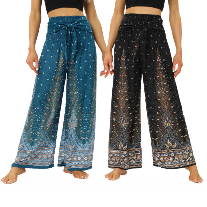 Buddha Stones Boho Pfauenfedern Spitzenbesatz Weite Bein Hose Damen Yoga Hose - image 0