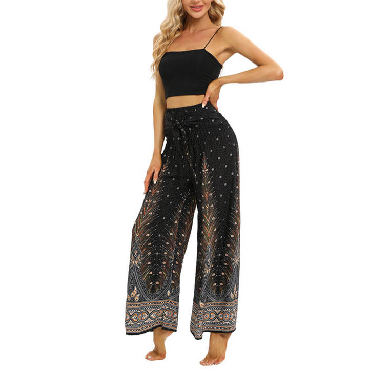 Buddha Stones Boho Pfauenfedern Spitzenbesatz Weite Bein Hose Damen Yoga Hose - image 5