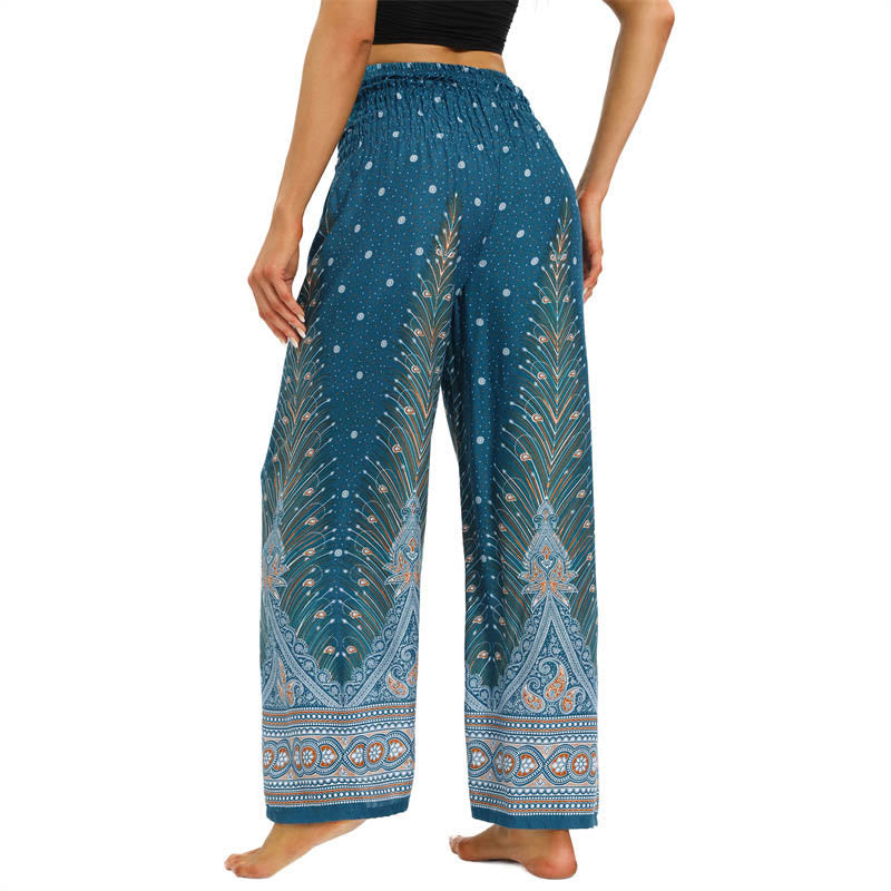 Buddha Stones Boho Pfauenfedern Spitzenbesatz Weite Bein Hose Damen Yoga Hose