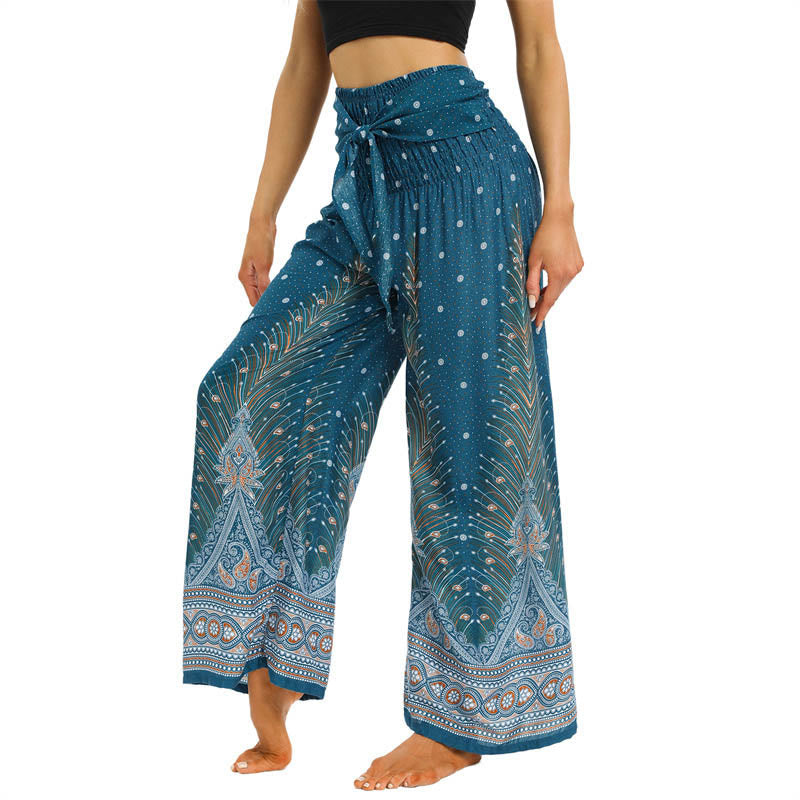 Buddha Stones Boho Pfauenfedern Spitzenbesatz Weite Bein Hose Damen Yoga Hose - image 10