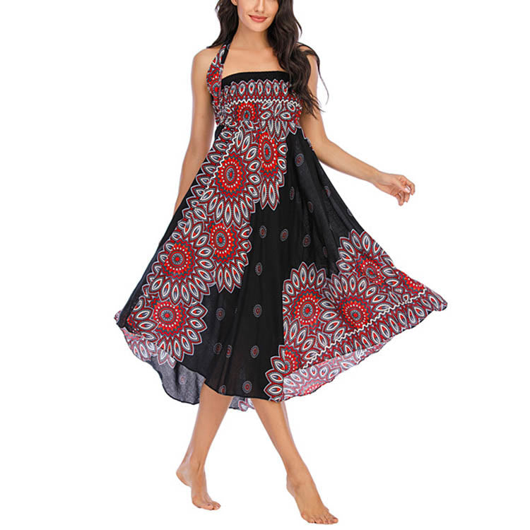 Buddha Stones Zwei Stile Boho Sonnenblume Print Schnürrock Kleid