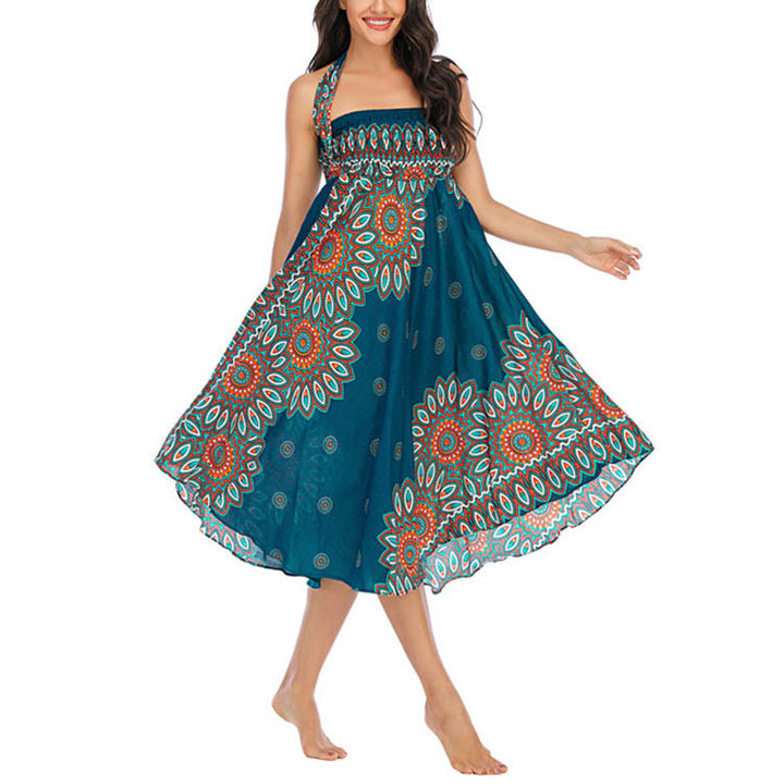 Buddha Stones Zwei Stile Boho Sonnenblume Print Schnürrock Kleid