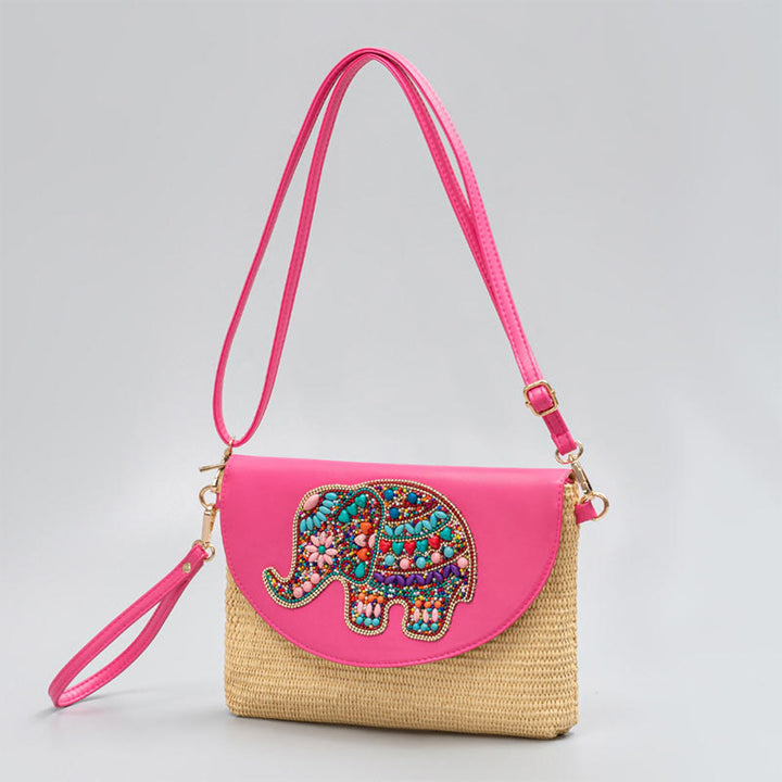 Buddha Stones Hamsa Elefant Blume Strohgeflecht Umhängetasche Schultertasche Handtasche