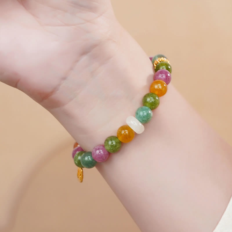 Buddha Stones Buntes Turmalin-Chalcedon Positiv-Fu-Zeichen Charm-Armband