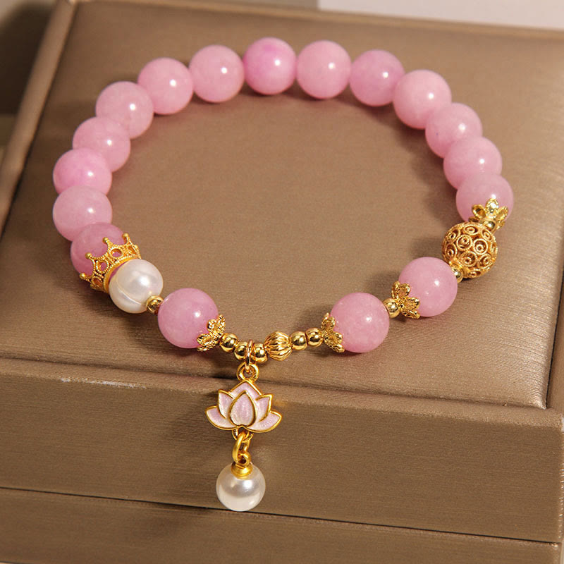 Buddha Stones Pink Jade Pearl Lotus Charm Harmony Armband