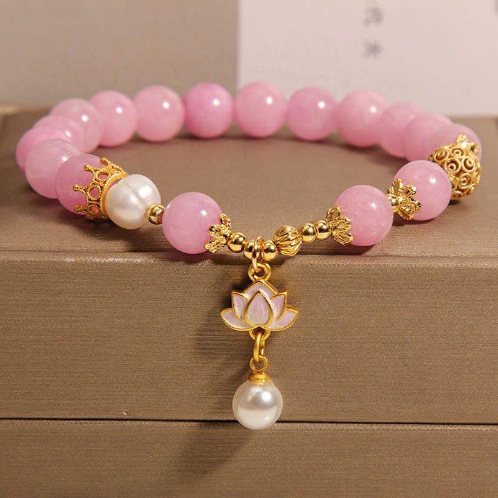 Buddha Stones Pink Jade Pearl Lotus Charm Harmony Armband