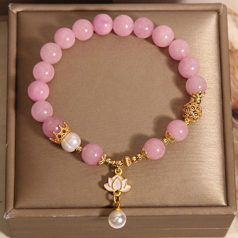 Buddha Stones Pink Jade Pearl Lotus Charm Harmony Armband