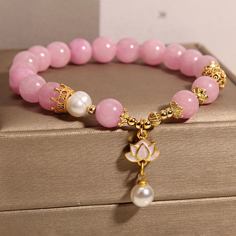 Buddha Stones Pink Jade Pearl Lotus Charm Harmony Armband