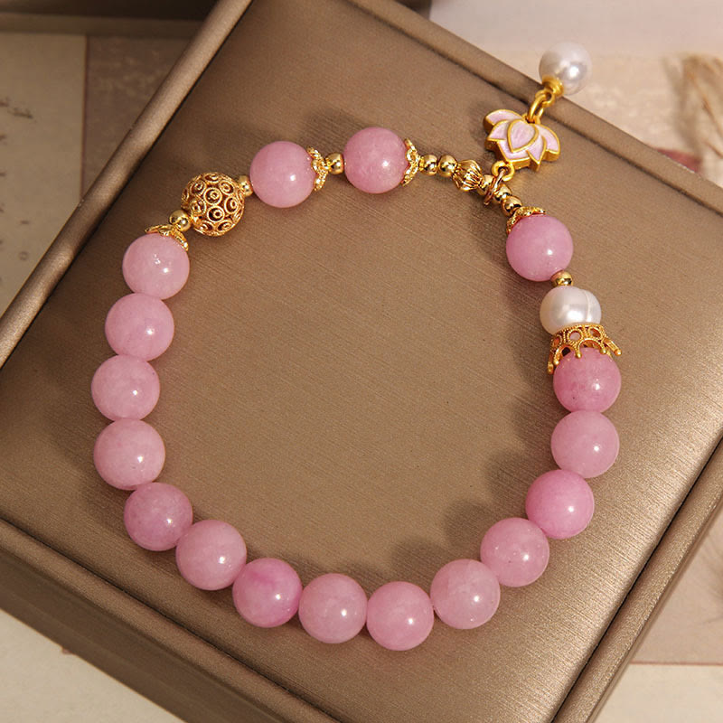 Buddha Stones Pink Jade Pearl Lotus Charm Harmony Armband