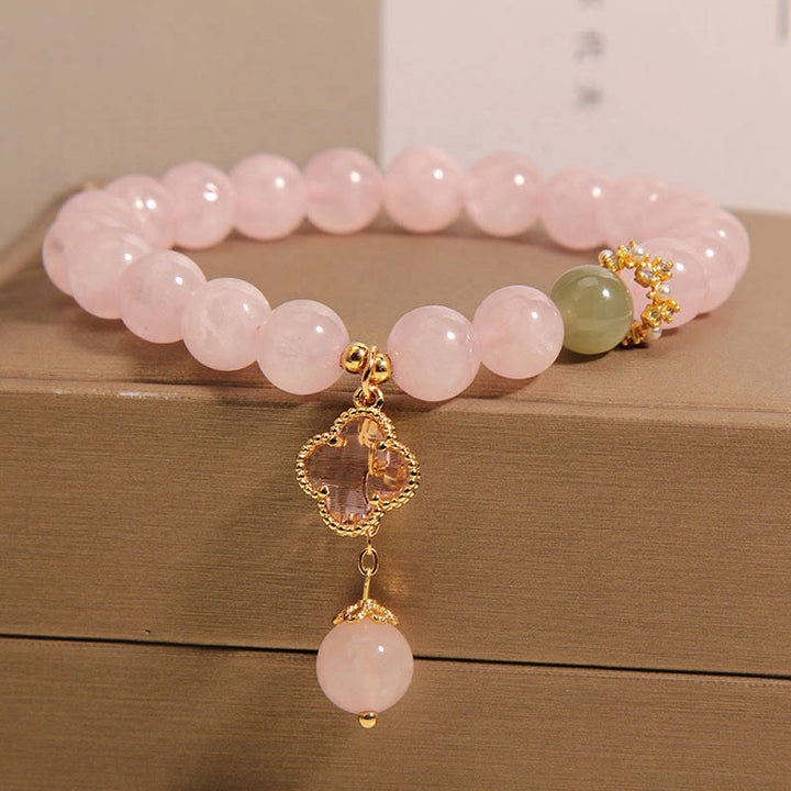 Buddha Stones Natürlicher Rosa Kristall Vierblättriges Kleeblatt Beruhigendes Armband - image 1
