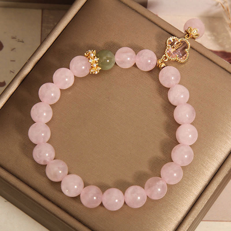 Buddha Stones Natürlicher Rosa Kristall Vierblättriges Kleeblatt Beruhigendes Armband