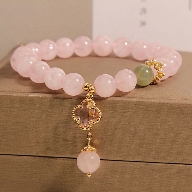 Buddha Stones Natürlicher Rosa Kristall Vierblättriges Kleeblatt Beruhigendes Armband