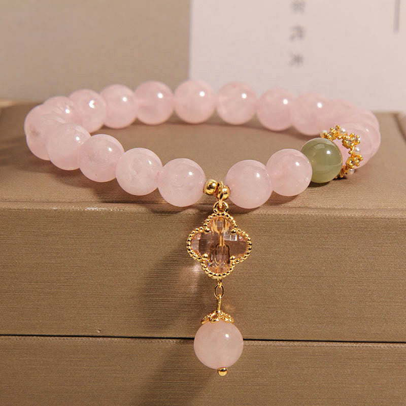 Buddha Stones Natürlicher Rosa Kristall Vierblättriges Kleeblatt Beruhigendes Armband - Rosa Kristall (Handgelenkumfang: 14-17 cm) - image 0