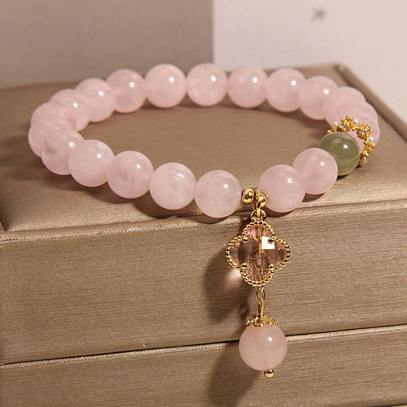 Buddha Stones Natürlicher Rosa Kristall Vierblättriges Kleeblatt Beruhigendes Armband