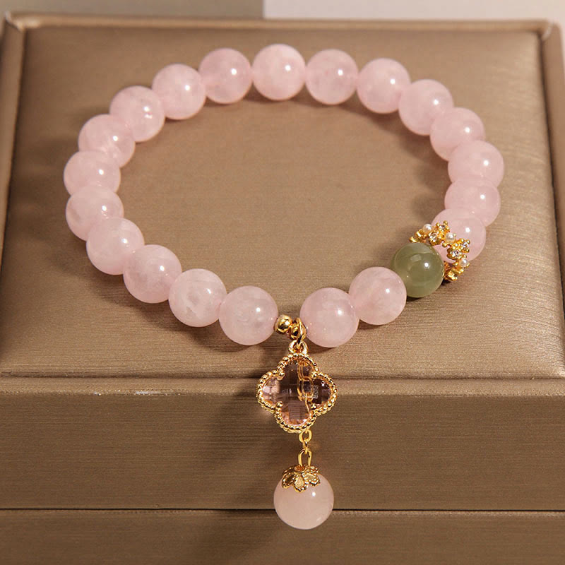Buddha Stones Natürlicher Rosa Kristall Vierblättriges Kleeblatt Beruhigendes Armband - image 3