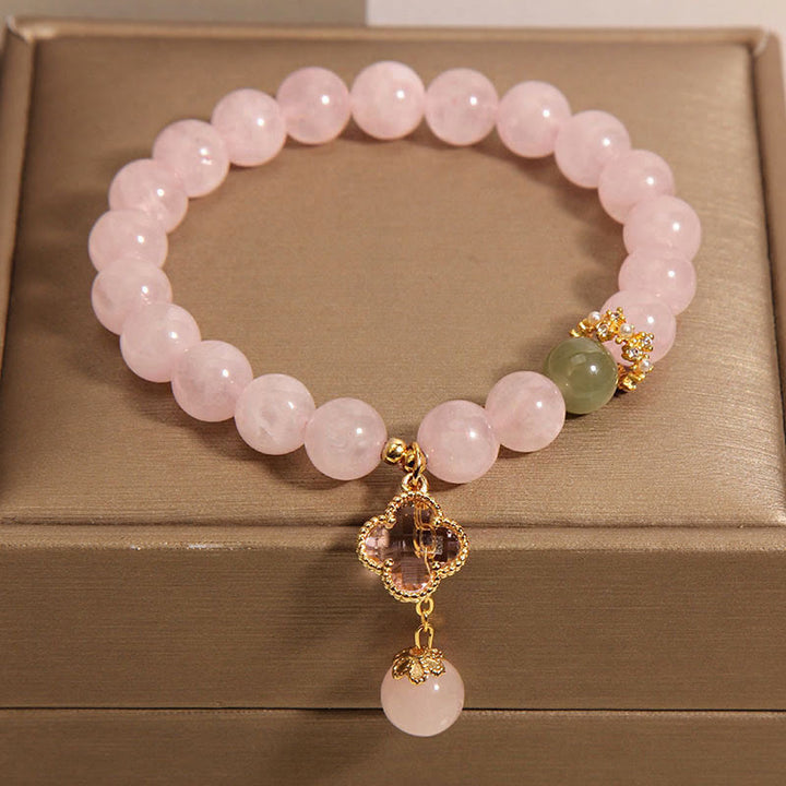 Buddha Stones Natürlicher Rosa Kristall Vierblättriges Kleeblatt Beruhigendes Armband - image 3