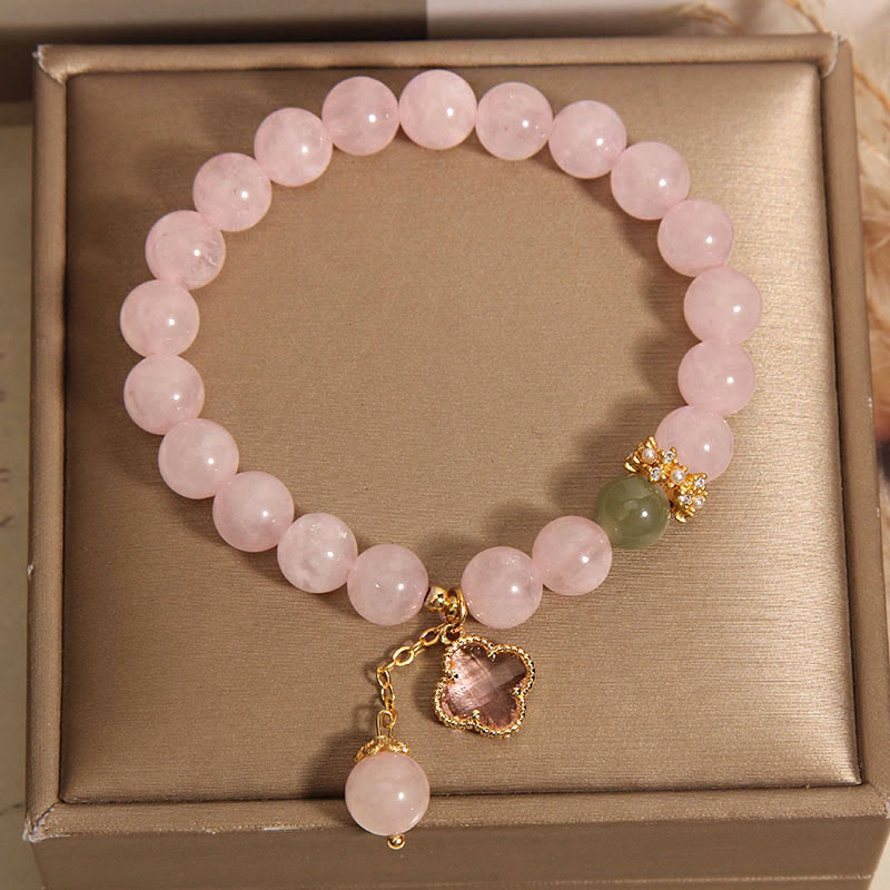 Buddha Stones Natürlicher Rosa Kristall Vierblättriges Kleeblatt Beruhigendes Armband