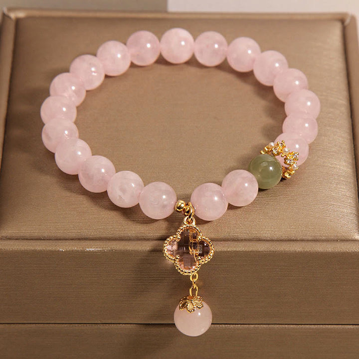 Buddha Stones Natürlicher Rosa Kristall Vierblättriges Kleeblatt Beruhigendes Armband