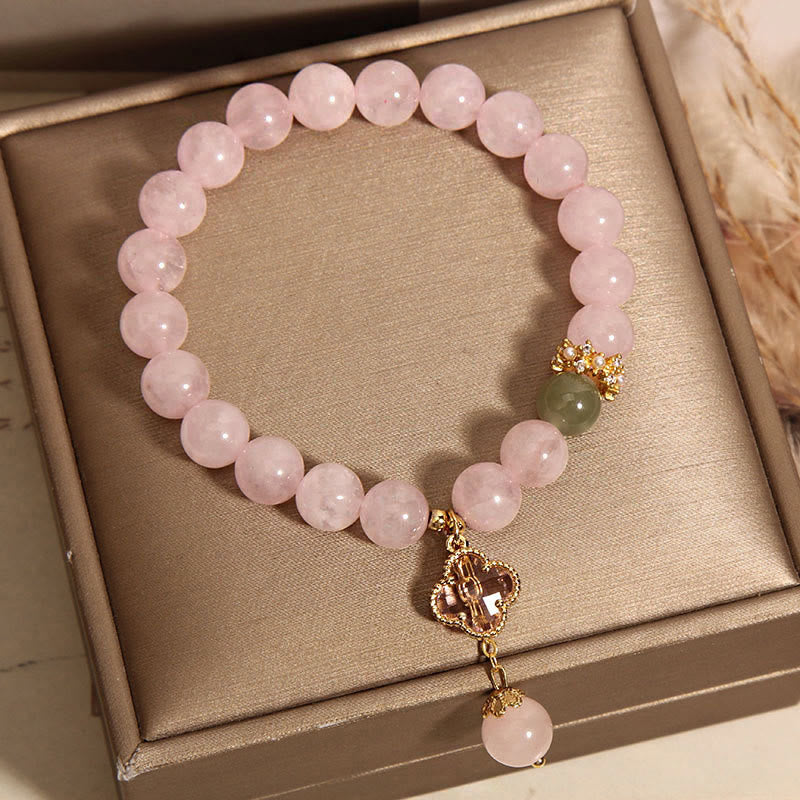 Buddha Stones Natürlicher Rosa Kristall Vierblättriges Kleeblatt Beruhigendes Armband