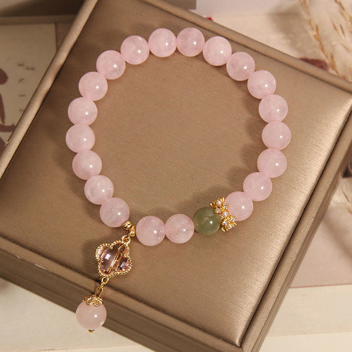 Buddha Stones Natürlicher Rosa Kristall Vierblättriges Kleeblatt Beruhigendes Armband