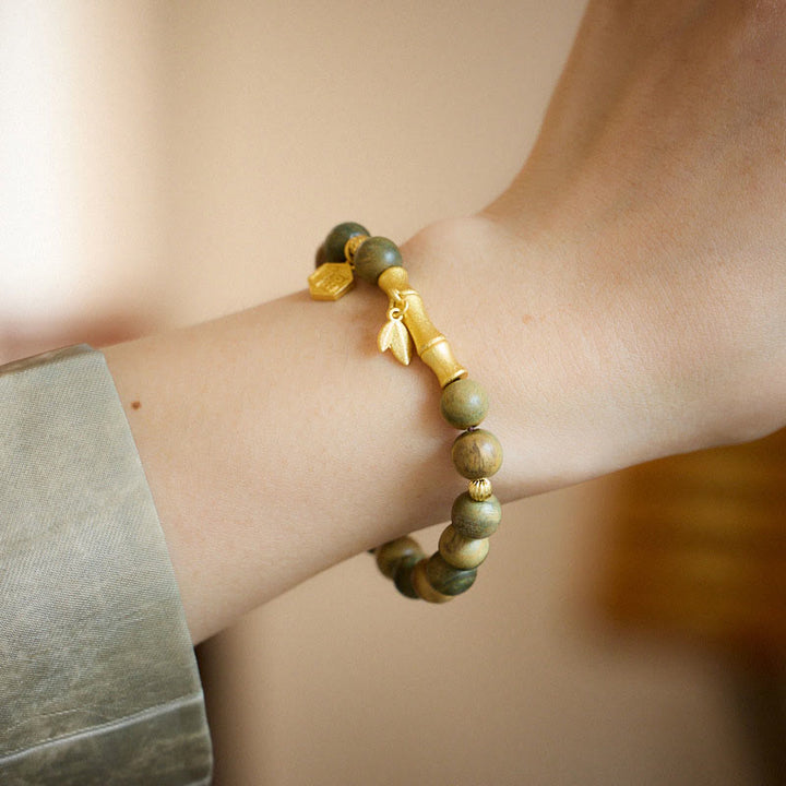 Buddha Stones Grünes Sandelholz Fu Zeichen Bambus Beruhigendes Armband