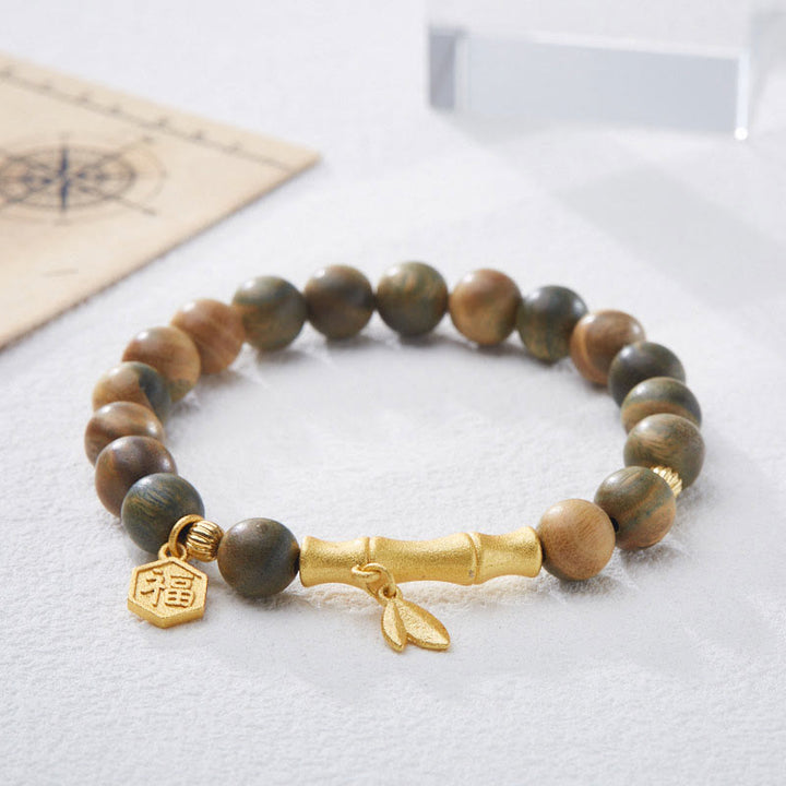 Buddha Stones Grünes Sandelholz Fu Zeichen Bambus Beruhigendes Armband